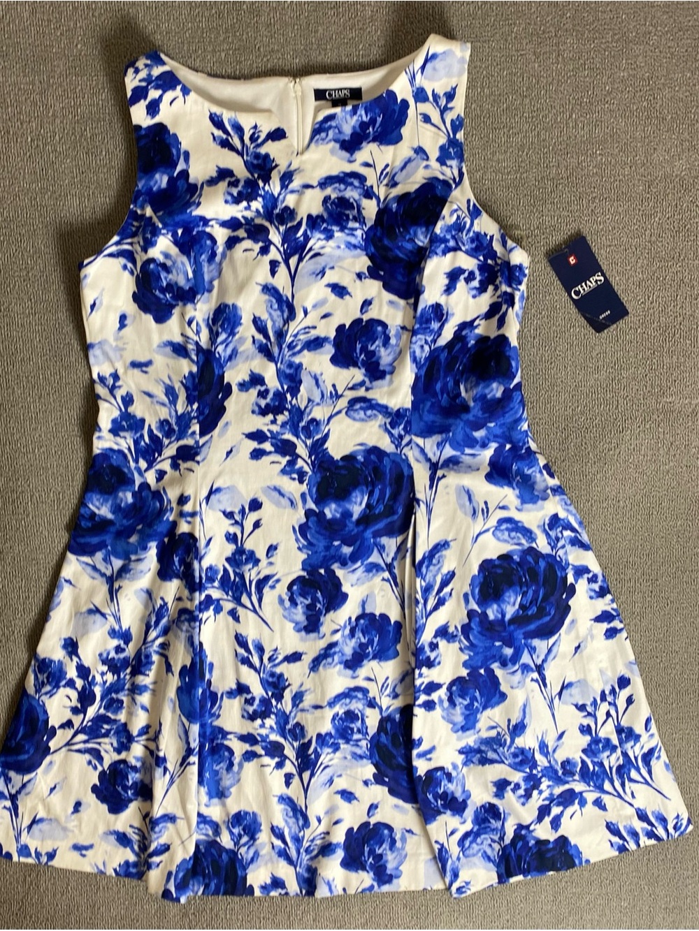 Chaps White and Blue Floral Sleeveless Summer Dress Business Wedding Guest